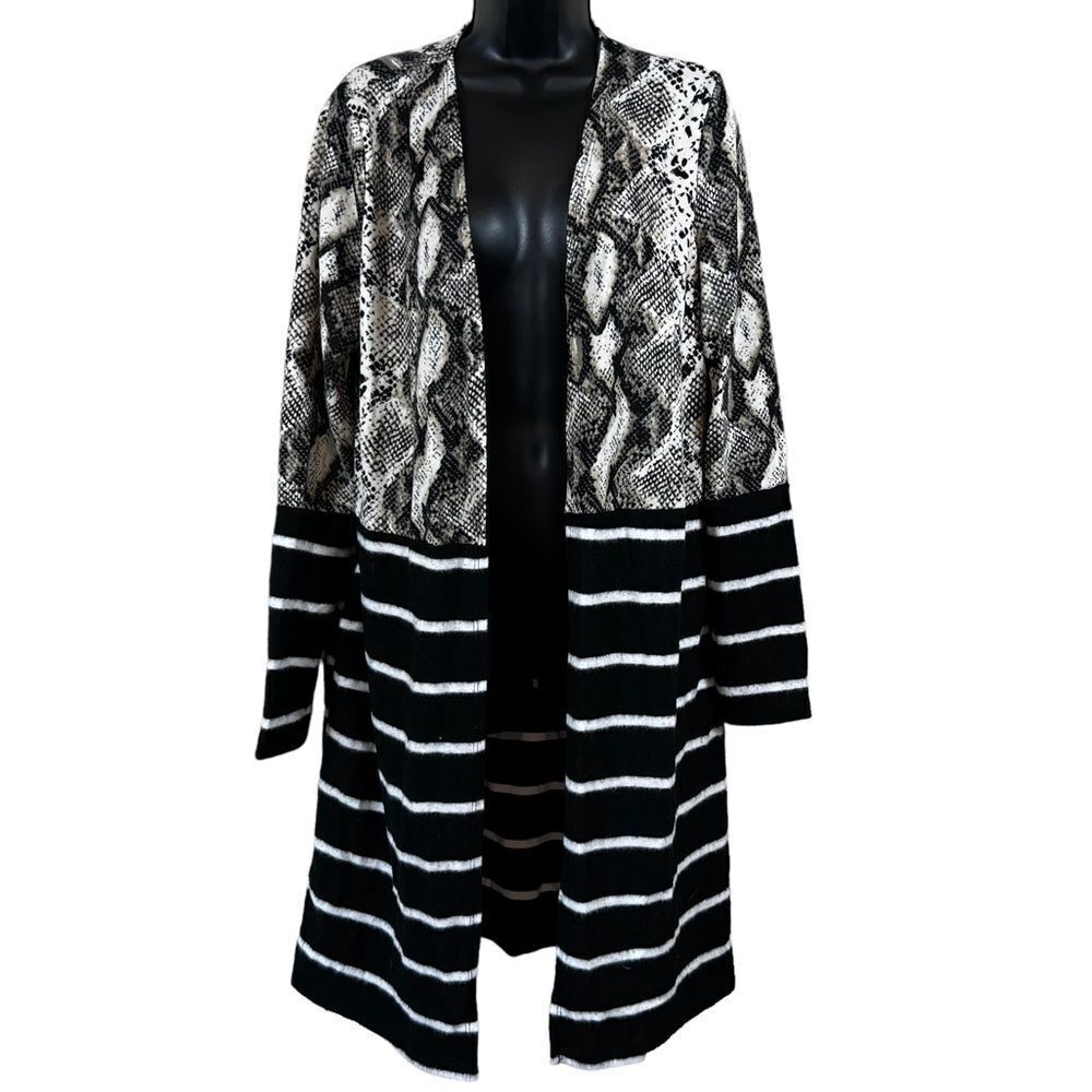 White Birch Striped Snakeskin Print Open Front Topper Cardigan Duster